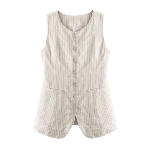 Dames Gilet Met Krijtstreep Ronde Hals Slim Fit Met Knopen Mouwloos Vest Retro Elegant