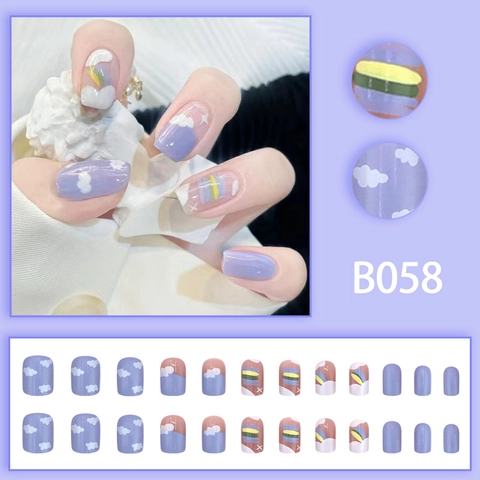 Purple Press On Nails Cloud Rainbow Star Pattern ABS Resin Glossy Square Round Shape Cute Sweet Style For Women