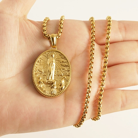 Jungfrau Maria Anhänger Halskette 18K Vergoldet Edelstahl Religiöse Ovale Medaillon Retro Elegante Schmuck Für Damen