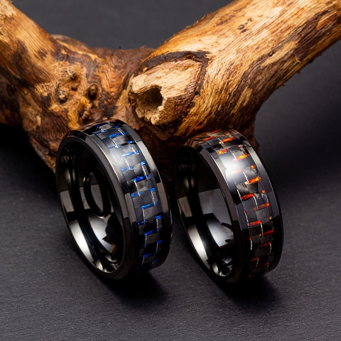 Anello In Acciaio Al Titanio Nero Intarsio In Fibra Di Carbonio Rosso Blu Punk Gioielli Unisex