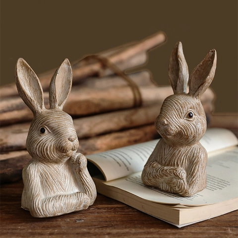 Retro Resin Rabbit Figurine Wood Cut Texture Ornaments Rustic Pastoral Animal Statues For Home Garden Patio Decor