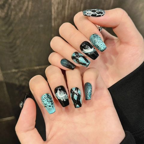 Handmade Siren Moon Press On Nails Black Blue Cat Eye Moon Snake Short Trapezoid Coffin Shape Fake Nails For Women