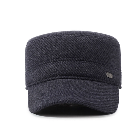 Casquette Cadet Homme Mélange Coton Laine Hiver Chaud Chapeau Plat Avec Cache-oreilles Style Militaire Coupe-vent Casual
