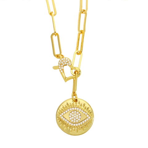 Evil Eye Star Moon Planet Round Pendant Necklace 18K Gold Plated Copper Cubic Zirconia Paperclip Chain Heart Buckle