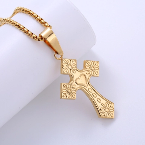 Gotische Kruis Hanger Ketting Van 316L Roestvrij Staal Verguld Met Hart Bloem Patroon Vintage Sieraden Voor Heren Dames