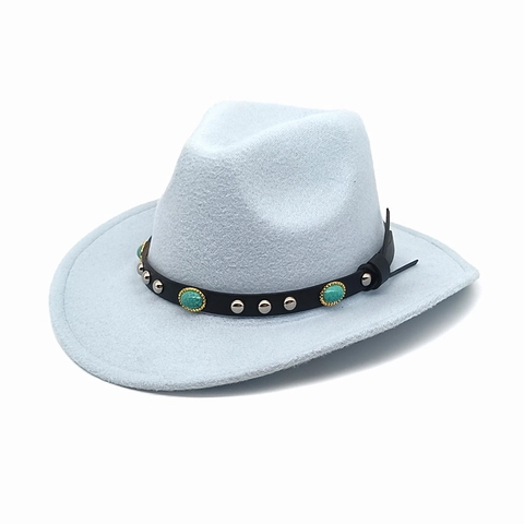 Cappello Da Cowboy Occidentale In Feltro Di Lana A Tesa Larga Fedora Retrò Con Fascia In Pelle Turchese Rivetti Metallici