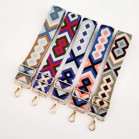 Wide Shoulder Strap Replacement Bag Belt Adjustable Crossbody Strap Geometric Jacquard Ethnic Style Woven Fabric Metal Hook