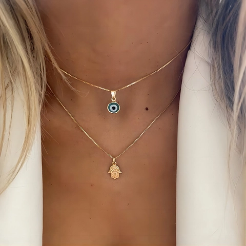 Evil Eye Hamsa Hand Pendant Necklace Alloy Resin Crystal Turkish Style Boho Jewelry For Women Double Layer
