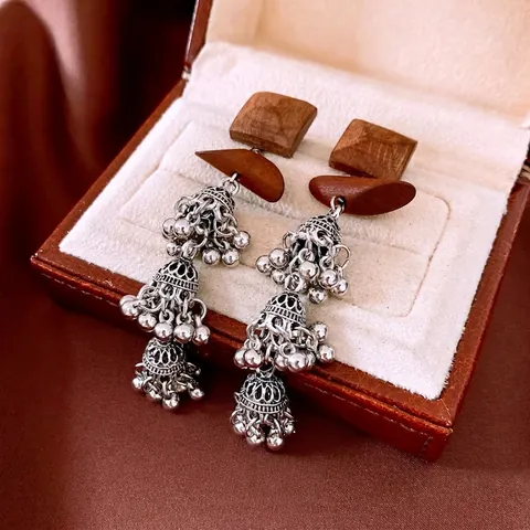 Retro Ethnic Wood Square Jhumka Drop Earrings With Multi Layer Metal Bell Tassels And 925 Sterling Silver Earring Post