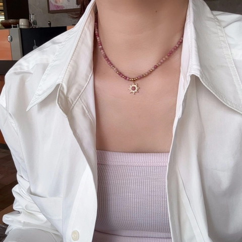 Collana Di Perline In Rodonite Naturale Pendente Sole Acciaio Inossidabile Boho Vintage Gioielli Per Donna
