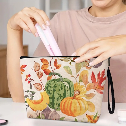 Borsa Cosmetica in Lino Stampa Zucca Foglia d'Acero Autunno Astuccio Trucco da Viaggio con Zip per Ringraziamento Donna