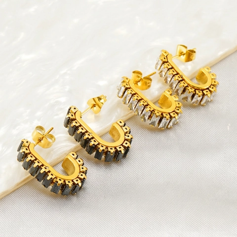 U-Shaped Hoop Earrings 18K Gold Plated Stainless Steel Full Pave Rectangular Zirconia Chic Elegant Jewelry For Women