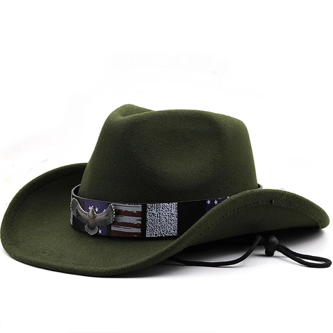 Westerse Cowboyhoed Katoen Polyester Vilt Brede Rand Metalen Adelaar Gesp Ster Streep Band Verstelbaar Winddicht Touw Unisex