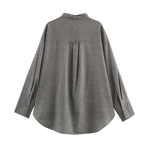 Long Sleeve Striped Blouse Shirt Polyester Spandex Bow Tie Stand Collar Dual Pockets Elegant Casual Fashion Top