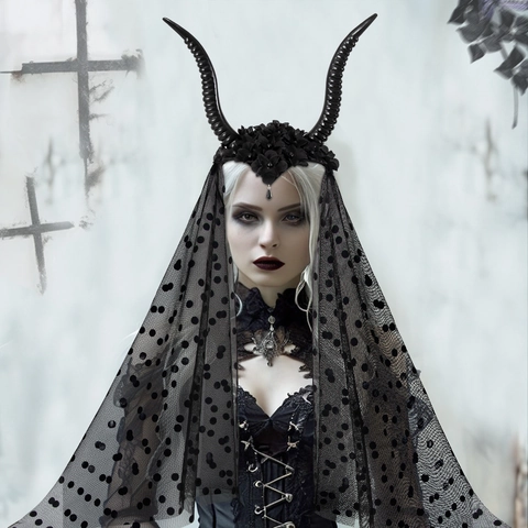 Serre-tête Cornes Gothiques Avec Voile Résille À Pois Noir Diable Corne De Mouton Avec Fleurs Halloween Cosplay Costume