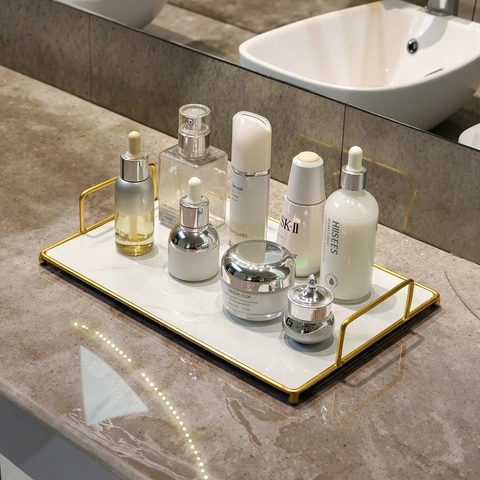Luxury Bathroom Storage Tray Marble Pattern UV Board Iron Gold Frame Vanity Countertop Organizer Waterproof With Handles Modern