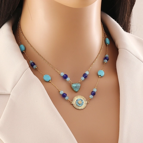Collar De Capas Corazón Turquesa Vintage Acero Inoxidable Chapado En Oro Cuentas Joyería Bohemia Para Mujeres