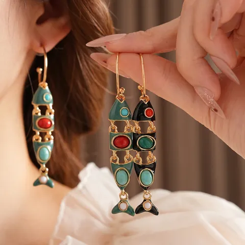 Orecchini A Pesce Articolati Vintage Lega Smalto Retro Gioielli Boho Con Perno In Argento Sterling 925
