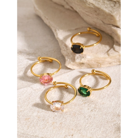 Minimalistischer Edelstahlring Mit Ovalem Buntem Zirkon 18 Karat Vergoldet Verstellbarer Offener Ring Eleganter Schmuck Für Damen