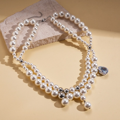 Collar De Colgante Perla Artificial De Capas Cobre Con Zircón Gota De Agua Perlas Artificiales Elegante Joyería Chic Francés Para Mujer
