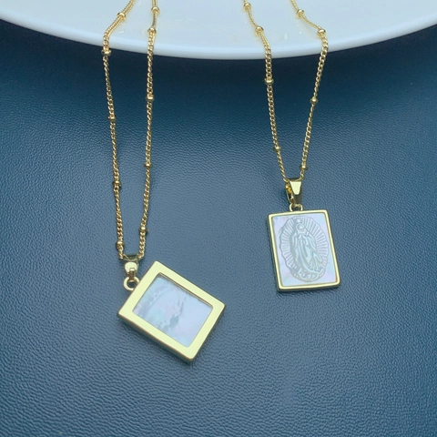 Our Lady Of Guadalupe Pendant Necklace 18K Gold Plated Copper Rectangular Natural Mother Of Artificial Pearl Beaded Chain Jewelry