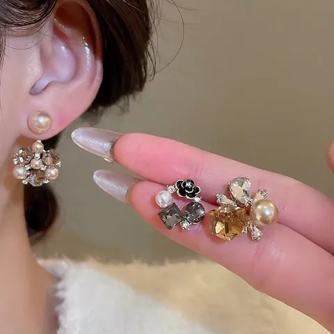 Elegant Floral Geometric Alloy Rhinestone Enamel Earrings With 925 Sterling Silver Earring Post French Vintage For Women