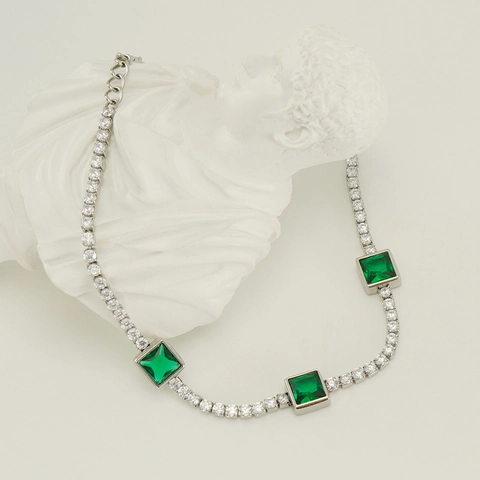 Bracciale Tennis Acciaio Inossidabile Zircone Quadrato Verde Smeraldo Stile Francese Retro Gioielli Per Donna