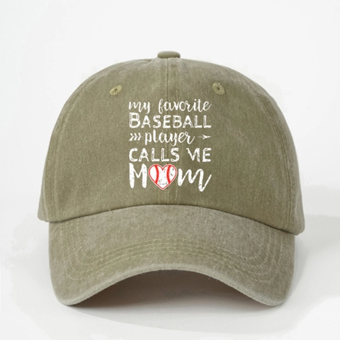 Washed Polyester Baseball Cap Curved Brim Adjustable Letters Print My Favorite Baseball Player Calls Me Mom For Women