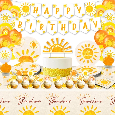 Sunshine Birthday Party Decorations Banner Cake Toppers Balloons Tableware Paper Plastic Latex Bright Yellow Orange Kids Celebration