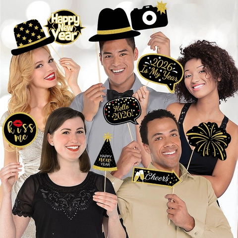 Accessoires De Photomaton Nouvel An 2026 Papier Pailleté Amusants Célébration Réveillon Noir Or Décorations