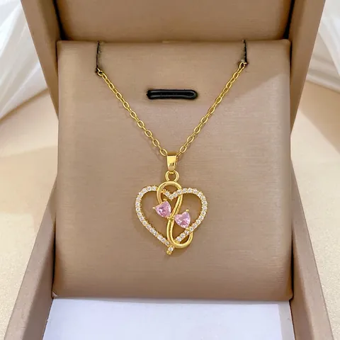 Elegante Halskette Mit Doppelherz Anhänger Edelstahlkette Kupfer Zirkonia Rosa Edelsteine Romantischer Schmuck Für Damen
