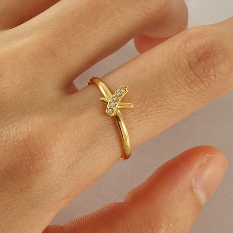 18K Vergulde Roestvrijstalen X-Vorm Ring Voor Dames Verstelbare Criss Cross Open Ring Met Zirkonia Mode