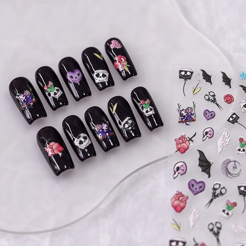 Adesivi Per Unghie Gotici Halloween Rilievo Amore Diavolo Teschio Pipistrello PET Trasparente Decorazione Manicure