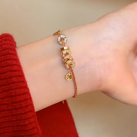 Red String Braided Bracelet Gold Plated Copper Ancient Coin With Zircon New Chinese Style Adjustable Jewelry For Women