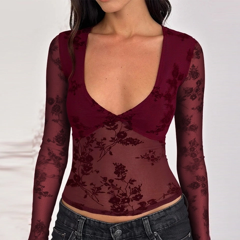 Geblümtes Beflockung Spitze T-Shirt Durchsichtiges Mesh V-Ausschnitt Langarm Schmale Passform Sexy Clubwear Top Damen