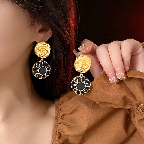 Boucles D'oreilles Pendantes Rondes Vintage Français Pour Femmes Alliage Émail Noir Géométrique Rétro Avec Tige En Argent