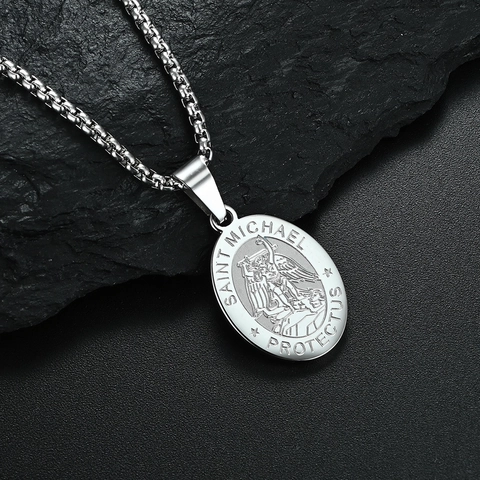 Saint Michael Pendant Necklace Stainless Steel Religious Medallion Embossed Shield Jewelry For Men And Women