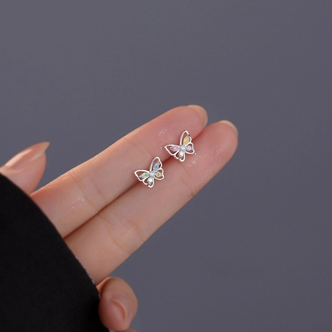 Butterfly Stud Earrings With 925 Sterling Silver Earring Post Colorful Zircon Sweet Fairy Style Jewelry For Women