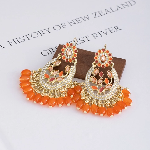 Bohemian Drop Earrings Long Tassel Chandelier Zinc Alloy Crystal Beaded Hollow Out Vintage Orange Gold For Women