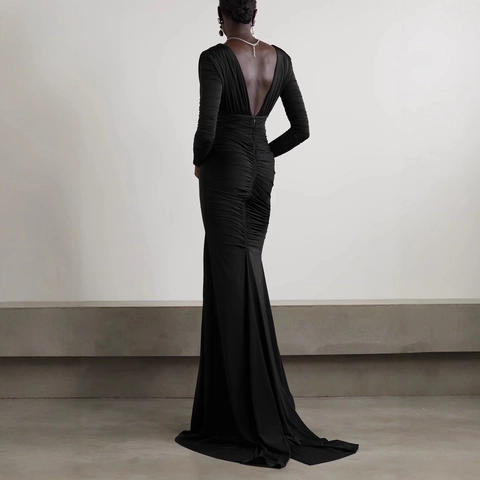 Sexy Maxi Jurk Met V-Hals Lange Mouwen Geplooid Open Rug Split Zeemeermin Avondfeest Jurk