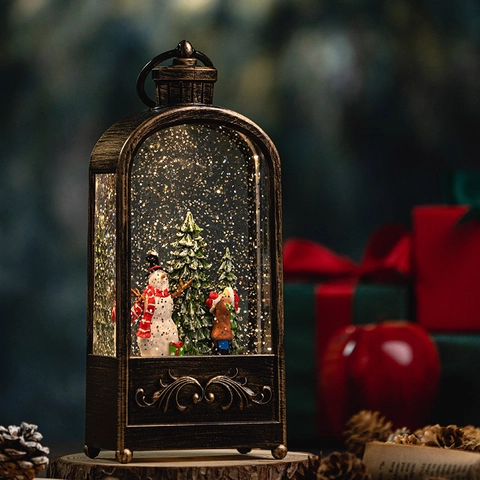 Linterna De Bola De Nieve De Navidad Bronce Vintage Luz LED Purpurina Rotativa Escena Papá Noel Muñeco De Nieve Musical