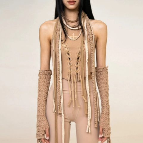 Sciarpa Sottile In Cotone Uncinetto Nappine Lunghe Toni Della Terra Bohemien Y2K Styling Avvolgente Moda Donna