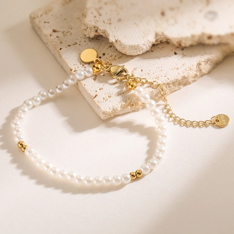 Pulsera de Cadena de Acero Inoxidable Chapado en Oro de 18K Con Perlas Artificiales para Mujer Joyería Geométrica