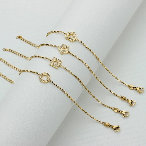 Bracciale Con Pendente A Cuore Geometrico Acciaio Inossidabile Placcato Oro Zirconia Catena A Sfere Regolabile Da Donna