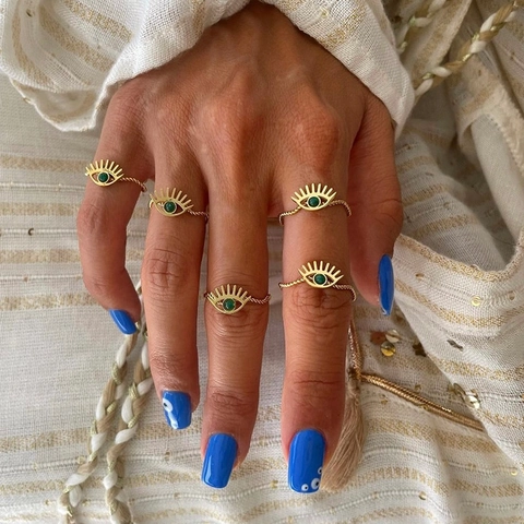 Evil Eye Ring Van Roestvrij Staal Met Groene Natuursteen Goud Verguld Verstelbare Gedraaide Band Bohemian Sieraden