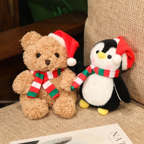 Christmas Plush Toy Santa Claus Reindeer Penguin Polar Bear Soft Doll With Hat Scarf Holiday Home Decoration Gift