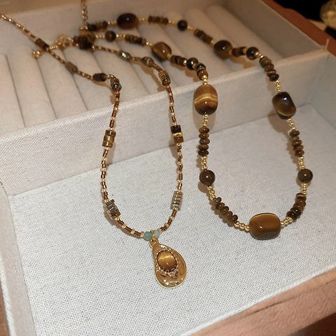 Collar De Capas Piedra Ojo De Tigre Colgante Gota Cobre Vintage Retro Estilo Maillard Para Mujeres