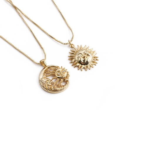 Retro Sonne Und Mond Gesicht Anhänger Halskette Gold Überzogene Kupfer Himmlischen Schmuck Bohemian Stil Für Frauen