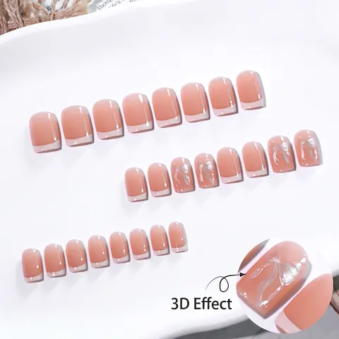 Elegant Press On Nails French Tip Design With 3D Bow Knot Decor Nude Pink Glossy Finish Artificial Fake Manicure For Women