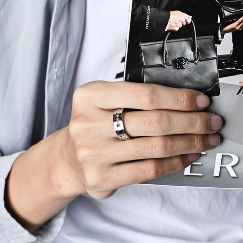 Anillo de Cadena Hueca de Acero Inoxidable Minimalista para Hombre Mujer Unisex Estrás Incrustado Geométrico Pulido Joyería